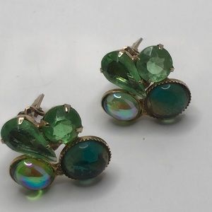 VTG Clip On Dimensional Green Art Glass Earrings